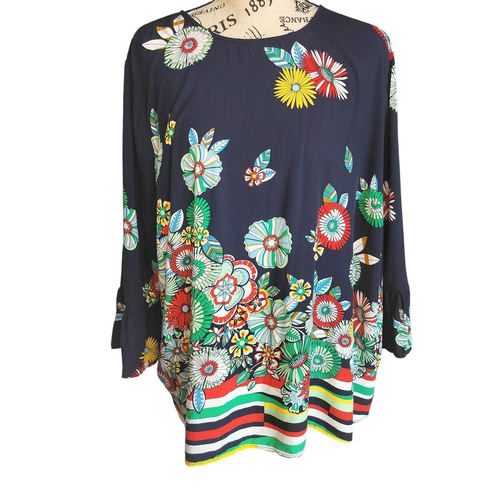 Crown & Ivy Curvy Womens 1X Navy Blue Floral Ruffle Cuff Rayon Tunic Blouse